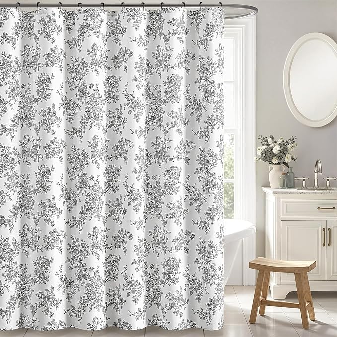 Extra Long Black Floral Shower Curtain W72*L84 Inches Long | Linen Textured Fabric, 12 Rustproof Metal Hooks, Wrinkle Resistant Cloth, Machine Washable, Bathroom Decor for Cottage Core