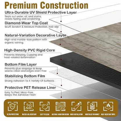 Peel and Stick Floor Tiles, 12 Sq.Ft Waterproof Vinyl Flooring, Thick Beige-Brown Marble Look Tiles, Durable Slip-Resistant Tiles for Bathroom, Kitchen & Renter-Friendly DIY Home Upgrade(12”x12”) | 12 Sq.Ft 12x12 Marble Look Tiles, Durable Water&Oil Re...