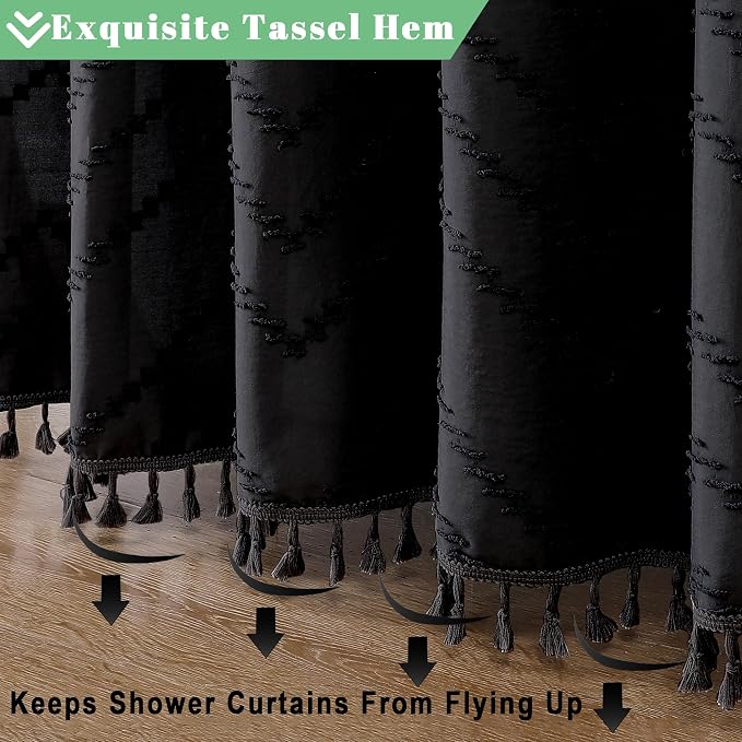 Boho Shower Curtain, Black Fabric Cloth Shower Curtains Farmhouse Tufted Chevron Striped Textured with Tassel for Bathroom, Soft Hotel Style Modern Minimalist, Machine Washable, 72x72, Black