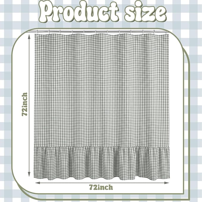 HunnmingRe Ruffle Hem Gingham Shower Curtain Sage Green | 72'' x 72'' Vintage Farmhouse Curtain, Cotton Cottage Core Rural Checkered Plaid Decor, Fall Shower Curtain for Bathroom