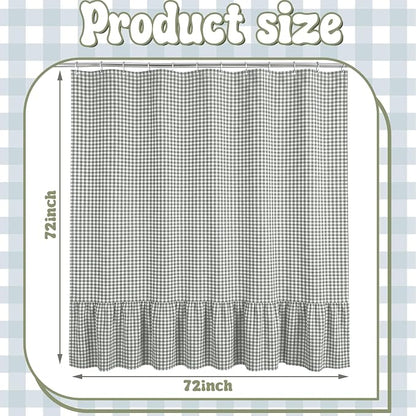 HunnmingRe Ruffle Hem Gingham Shower Curtain Sage Green | 72'' x 72'' Vintage Farmhouse Curtain, Cotton Cottage Core Rural Checkered Plaid Decor, Fall Shower Curtain for Bathroom