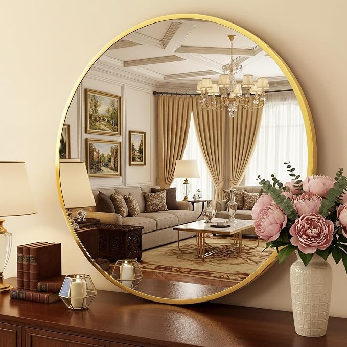 Antok 36 Inch Round Mirror for Wall, Round Bathroom Mirror, Circle Wall Mirrors with Gold Metal Frame, Circle Mirrors Suitable for Wall, Bathroom, Vanity, Living Room, Entryway