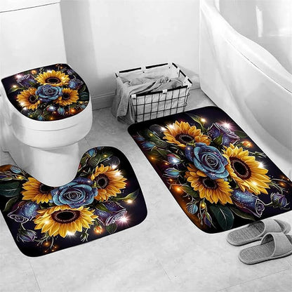 AZHM Sunflower and Rose Shower Curtain Starlight Glitter Flower Bathroom Decor Set with Shower Curtain and Rugs and Accessories with 12 Hooks