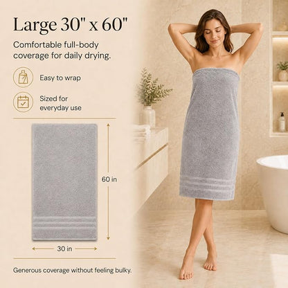 Velqora Bath Towels, 4 Pack, 30x60 in, 100% Cotton, Soft, Light Gray | Absorbent Terry | Balanced Weight | Easy Care