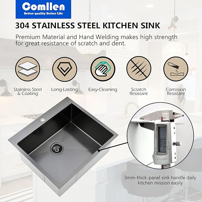 Comllen 22x18 Inch Black Kitchen Sink,Drop In 16 Gauge RV Small Kitchen Bar Sinks,Stainless Steel Topmount Outdoor Prep Single Bowl Workstation Wet Bar Sink