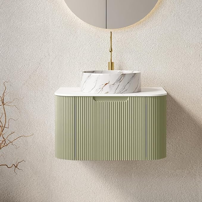 24'' Bathroom Vanities Cabinet with Sink Combo, Wall Mounted Floating Cabinet W/Curved Edges Stripes, Oak Plywood, Soft-close System with a Drawer, White Round Ceramic Basin - Kiel, Light Green/S