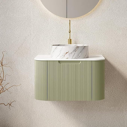24'' Bathroom Vanities Cabinet with Sink Combo, Wall Mounted Floating Cabinet W/Curved Edges Stripes, Oak Plywood, Soft-close System with a Drawer, White Round Ceramic Basin - Kiel, Light Green/S