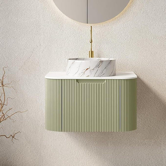 24'' Bathroom Vanities Cabinet with Sink Combo, Wall Mounted Floating Cabinet W/Curved Edges Stripes, Oak Plywood, Soft-close System with a Drawer, White Round Ceramic Basin - Kiel, Light Green/S
