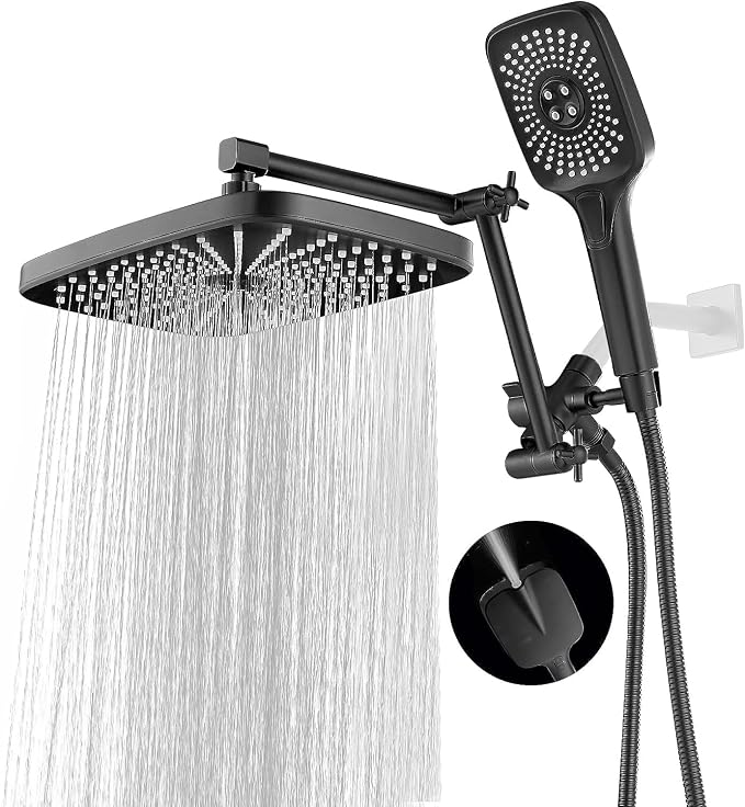 High Pressure Rain Shower Head with Handheld Spray Combo, 12 Inch Rainfall Shower Heads with Adjustable Extention Arm, Wide Dual Waterfall Showerhead with 3-Way Diverter(Matte Black)