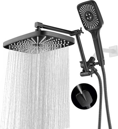 High Pressure Rain Shower Head with Handheld Spray Combo, 12 Inch Rainfall Shower Heads with Adjustable Extention Arm, Wide Dual Waterfall Showerhead with 3-Way Diverter(Matte Black)
