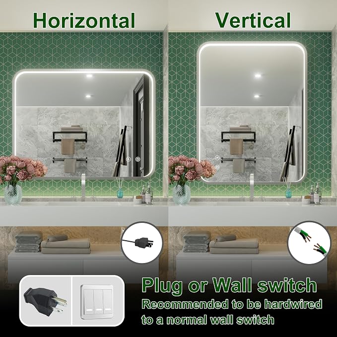 40"x30" Silver LED Bathroom Mirror,Adjust 3000K/4500K/6000K Light | Stepless Dimmable, Anti-Fog, Memory Funtion, Aluminum Frame Wall Mount Lighted Vanity Mirror, ETL Cert‌, Horizontal/Vertical
