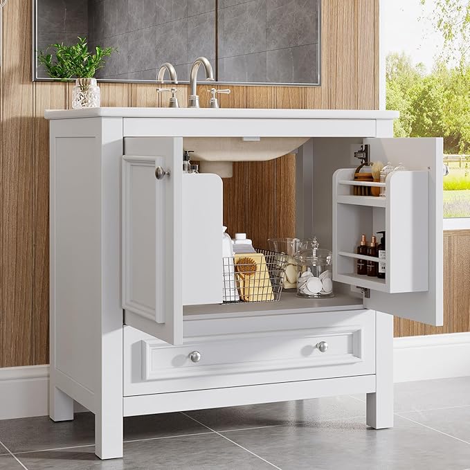 Tribesigns 30" Modern Bathroom Vanity with Sink, Freestanding Bathroom Vanities Cabinet with Ceramic Basin Combo, Bathroom Sink Cabinet with 2 Doors and 1 Drawer, Solid Wooden Frame, Black