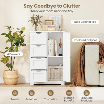 Giantex Storage Cabinet with 4 Drawers, Bathroom Storage Organizer with Cupboard, Adjustable Shelf, Anti-Toppling Device, Floor Cabinet, Entryway Storage Unit Console Table, White
