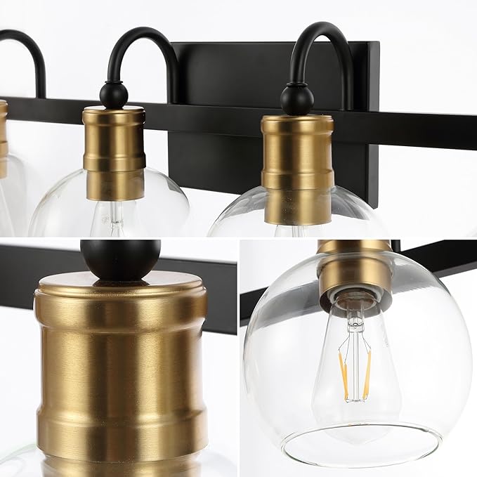 JONATHAN Y 44.25" Black/Brass Gold Vintage Wall Sconce, LED Vanity Light for Bathroom Bedroom Entryway, Clear Glass Globe Shade, Modern Industrial Arched Lamp, LED Bulb Included (JYL3557A)