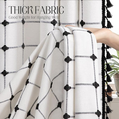 Black and White Farmhouse Shower Curtain,Boho Linen Fabric with Embroidered Plaid Pattern and Tassels for Bathroom,36" W×72" L