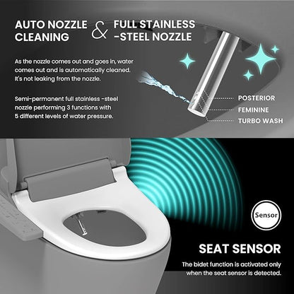 VOVO VB-3100SR Round Bidet Toilet Seat, Warm Water, LED Light, Heated Seat, White, Dryer, Stainless Steel Nozzle, Made in Korea