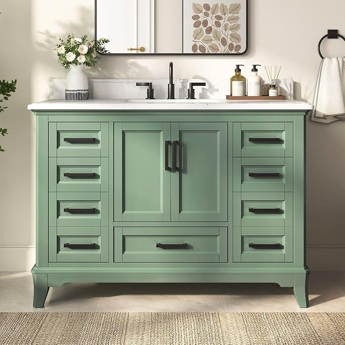 48 Inch Fully Assembled Bathroom Vanity with Sink, Sage Green | Modern Solid Wood Freestanding Vanity for Bathroom, Quartz Top & Backsplash, Soft-Close Doors, Dovetail Drawers, Bath Upgrade