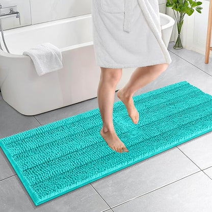 OLANLY Thick Bathroom Runner Rugs 59x20, Soft Chenille Long Bath Rugs, Teal | Absorbent Striped, Rubber Backing, Machine Wash, Bath Mats for Bathroom Floor, Tub and Shower, Home Decor Accessories