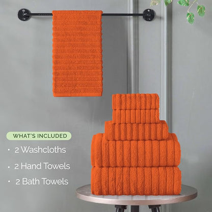 Elegant Comfort 100% Turkish Cotton Corduroy Ribbed Luxury Bath Towels 6-Piece Set, Premium Feel - Quick Dry, Highly Absorbent, Contains 2 Bath Towels, 2 Hand Towels, and 2 Washcloths, Orange