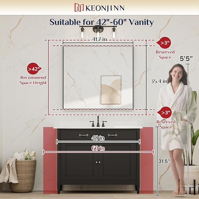 Keonjinn 42x36 Inch Gold Bathroom Mirror for Over Sink, Rectangular | HD Tempered Glass, Vanity Mirror, Brushed Framed, Square Corner, Modern Farmhouse, Wall Mounted Mirrors, Aluminum Alloy