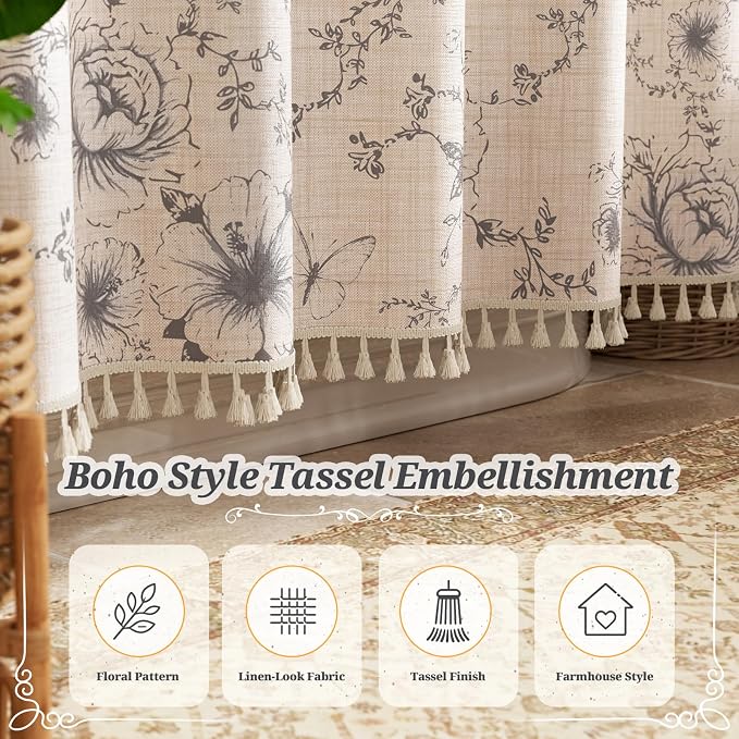 Vintage Floral Shower Curtain with 12 Clear Rings - 72" W x 72" L | Farmhouse Fabric Faux Linen Shower Curtain Set, French Country Cottagecore Style Shower Curtain for Bathroom
