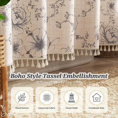Vintage Floral Shower Curtain with 12 Clear Rings - 72" W x 72" L | Farmhouse Fabric Faux Linen Shower Curtain Set, French Country Cottagecore Style Shower Curtain for Bathroom