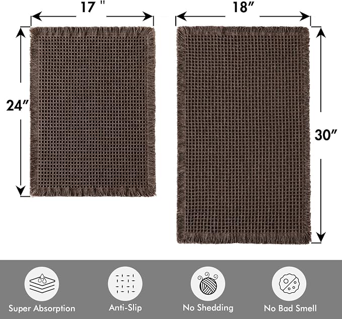 MIULEE Set of 2 Waffle Bathroom Rugs Chocolate Bath Mat 17"x24"+18"x30" | Non Slip, Super Absorbent, Washable, Ultra Soft, Rubber Backed, Small Boho Bath Rugs for Bathroom Floor Tub Shower