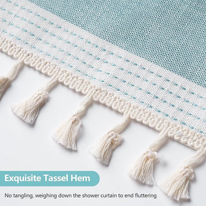 Boho Chic Thick Teal Shower Curtain with Tassels, 350GSM Cotton Linen Soft Fabric Shower Curtain Aqua Green, 72 x 72 Inch Heavyweight Elegant Farmhouse Bathroom Decor Curtain French Country