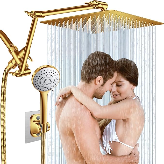 12'' Gold Rain Shower Head with 16” Extension Arm and 5 Setting Handheld | High Pressure Rainfall Shower Head with Flexible Adjustable Height and Angle Arm,Stainless Steel and Anti-leak