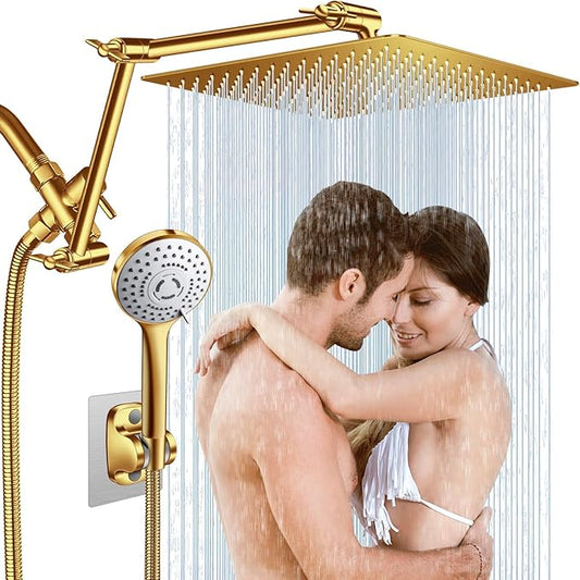 12'' Gold Rain Shower Head with 16” Extension Arm and 5 Setting Handheld | High Pressure Rainfall Shower Head with Flexible Adjustable Height and Angle Arm,Stainless Steel and Anti-leak