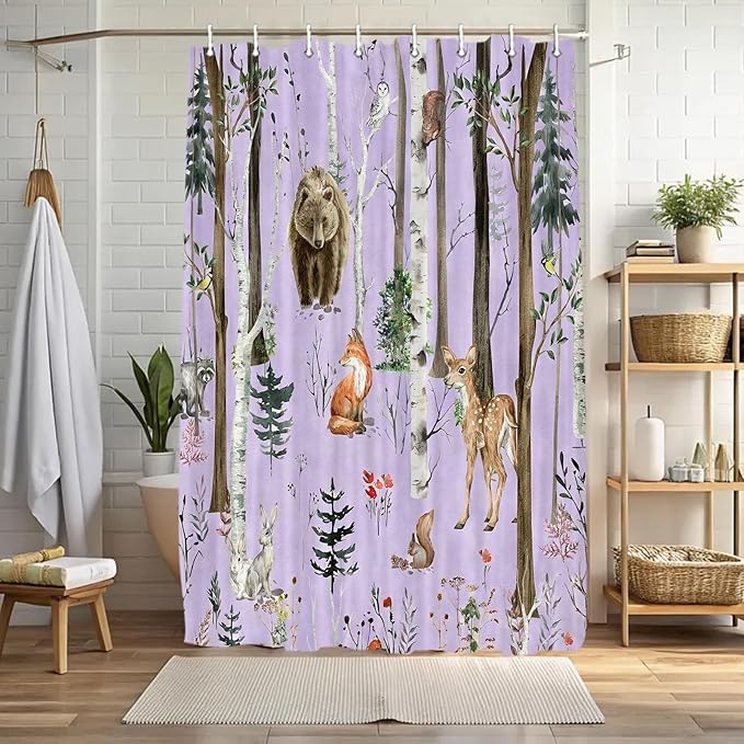 JAWO Rustic Forest Shower Curtain - Lodge Cabin Woodsy RV Wildlife Animals Woodland Campers Camping Bathroom Set with Hooks, 36X72 Inch, Purple