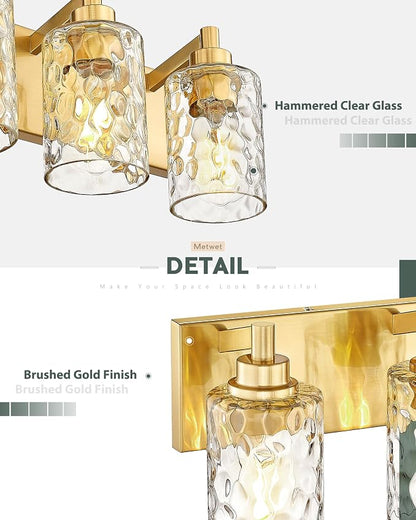 3-Light Brushed Gold Bathroom Vanity Light, Hammered Cylinder Glass | Ideal for 20-28" mirrors, 16.5" modern bathroom light fixtures over mirror, E26 base, bulbs not included, VL198-BG-3