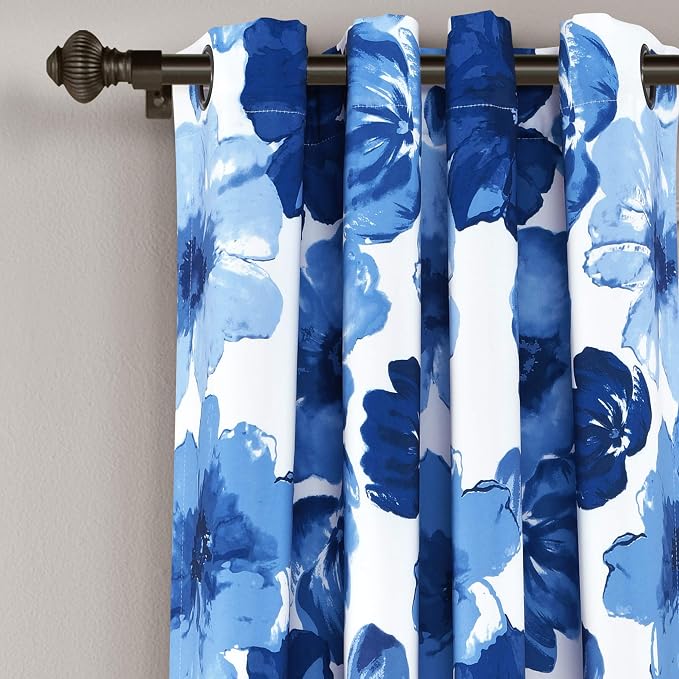 Lush Decor Leah Light Filtering Window Curtain Panels, Pair, 52" W x 84" L, Navy & White - Floral Drapes for Bedroom - Navy Curtains - Farmhouse Decor