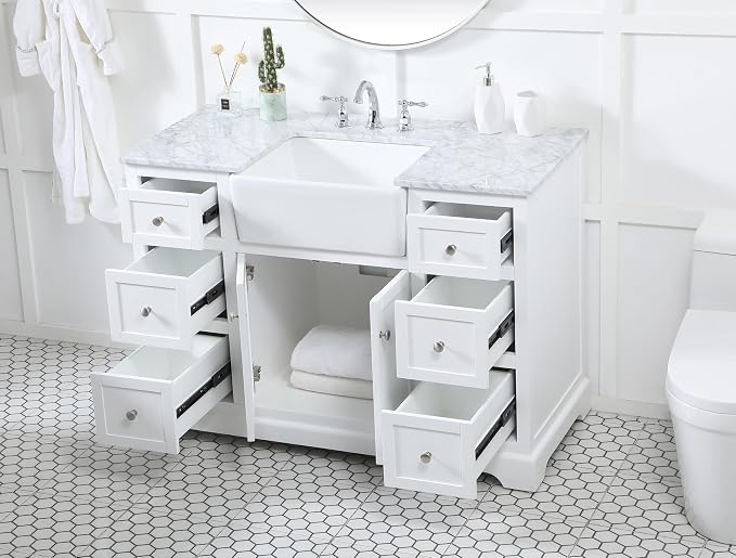 48" Pre-Assembled Bathroom Vanity with Sink, Solid Birch and MDF, Carrara White Marble Countertop Attached, Single Rectangle Porcelain Sink, 6 Soft-Close Drawers, White