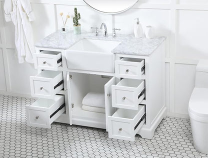 48" Pre-Assembled Bathroom Vanity with Sink, Solid Birch and MDF, Carrara White Marble Countertop Attached, Single Rectangle Porcelain Sink, 6 Soft-Close Drawers, White