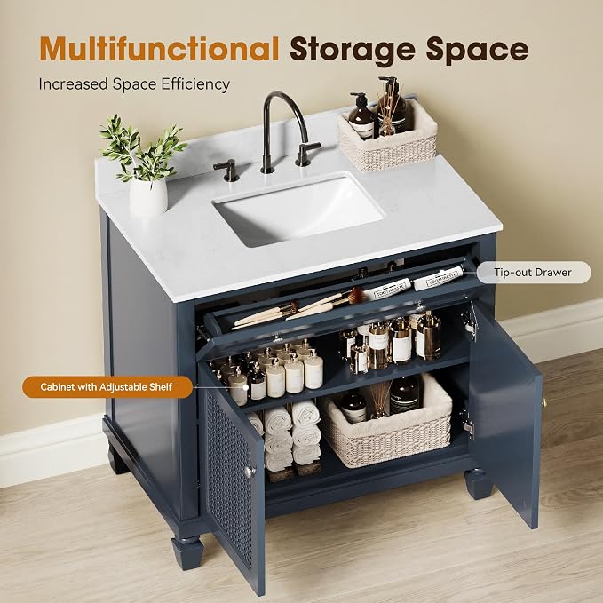 36 Inch Bathroom Vanity with Sink, Midnight Blue, 2 Pack | Solid Wood Bathroom Cabinet with Marble Countertop & Backsplash, Soft Closing 2 Doors & Drawer