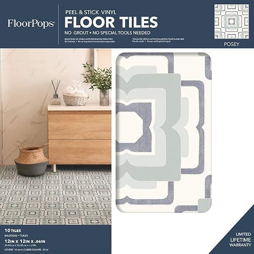 FloorPops 12-in by 12-in Teal Posey Vinyl Peel & Stick Floor Tiles (10 Tiles), (10 sq.ft./Carton)