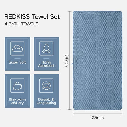 REDKISS 4 Pack Blue Microfiber Bath Towels - Large Shower Towels Set for Bathroom, Super Absorbent Towel Set of 4 Lagre, Quick Dry Bathroom Towel for Spa, Gym,Travel, Lint Free, Ultra Soft
