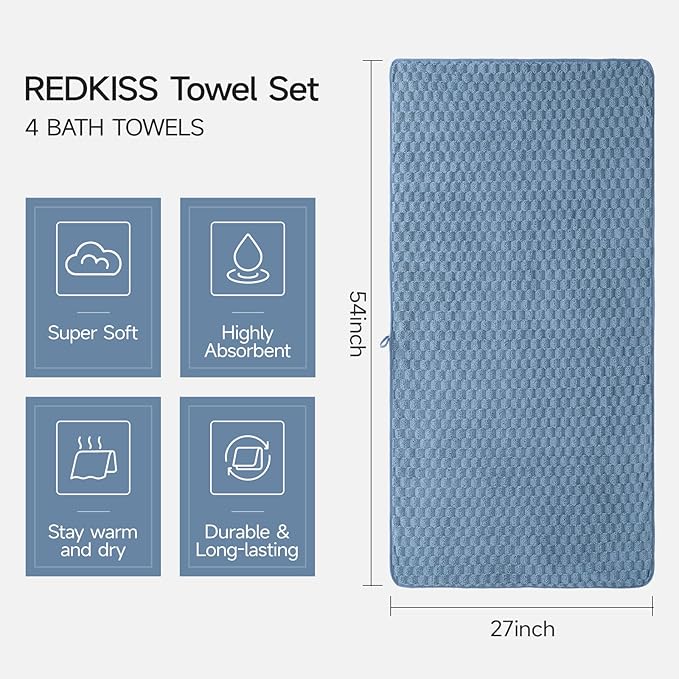 REDKISS Microfiber Bath Towels of 4-27x55 Inches Bath Towel Large, Highly Absorbent Towels for Bathroom, Quick Drying, Super Soft, Lint Free Fluffy Shower Towel for Gym, SPA, Gray, Blue