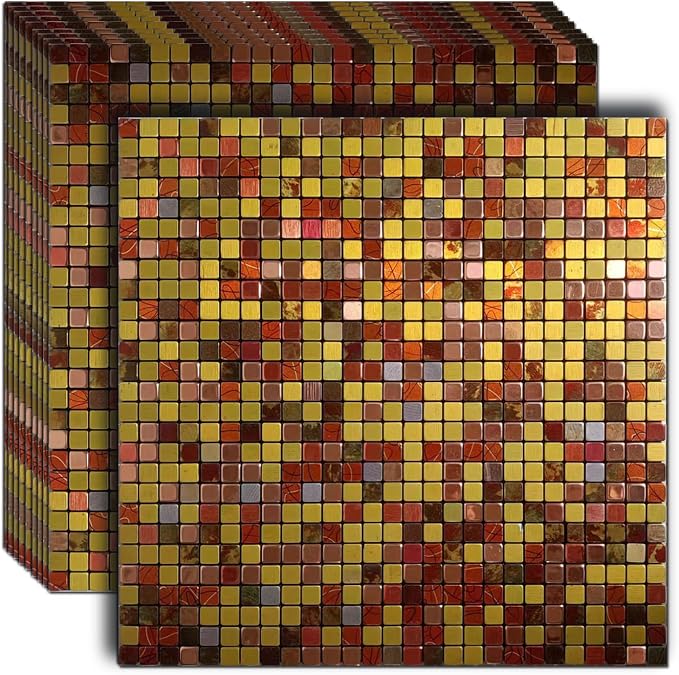 10 Pcs Peel and Stick Backsplash Mosaic Tiles, Self-Adhesive Wall Tile, Waterproof Oil Proof Stick On Tile for Kitchen, Bathroom Vanity, Fireplace & Laundry Room Decor (Gold+Red Printing)
