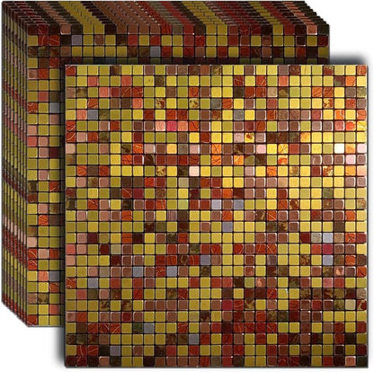 10 Pcs Peel and Stick Backsplash Mosaic Tiles, Self-Adhesive Wall Tile, Waterproof Oil Proof Stick On Tile for Kitchen, Bathroom Vanity, Fireplace & Laundry Room Decor (Gold+Red Printing)