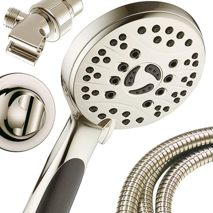 for California - High Pressure 6-setting Luxury Handheld Shower Head, 6 Ft Stainless Steel Hose, Anti Clog Jets, Anti Slip Grip, Top US Brand, Extra Wall Bracket - Brushed Nickel Finish
