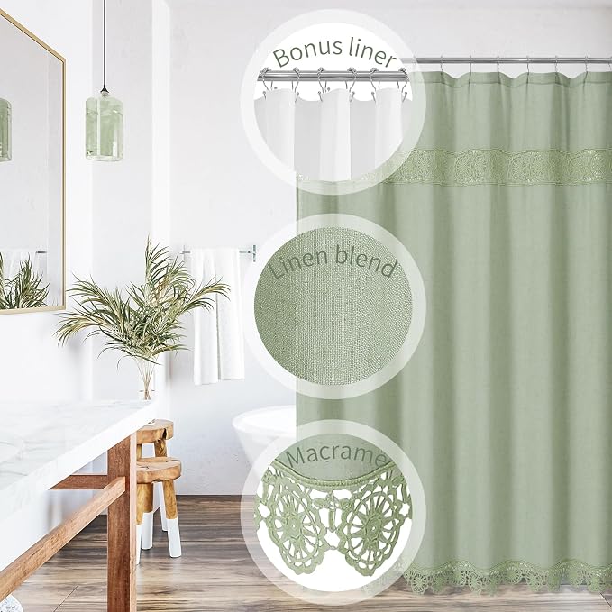 Linen Boho Lace Shower Curtain Liner Set 72x72 | Farmhouse Shower Curtain with Macrame Decor, Bohemian Cotton French Country Bath Curtain , Green