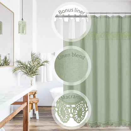 Linen Boho Lace Shower Curtain Liner Set 72x72 | Farmhouse Shower Curtain with Macrame Decor, Bohemian Cotton French Country Bath Curtain , Green