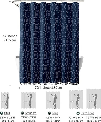 OVZME Navy Blue Shower Curtain for Bathroom, Puff Printed Textured Shower Curtain with Tassels, Rustic Geometry Heavy Duty Vintage Country Bathroom Curtain, Water Resistant Fabric, 72Wx72L Inches