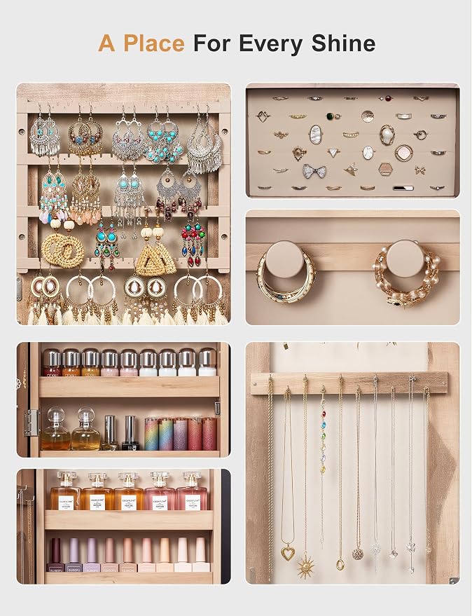 Nicetree Jewelry Cabinet Armoire, 2 Drawers, Full Length Mirror, Oak | Standing Mirror Jewelry Cabinet, Lockable Jewelry Armoire with Mirror, Adjustable Angles, Easy Assembly, Gift Idea, HD Glass