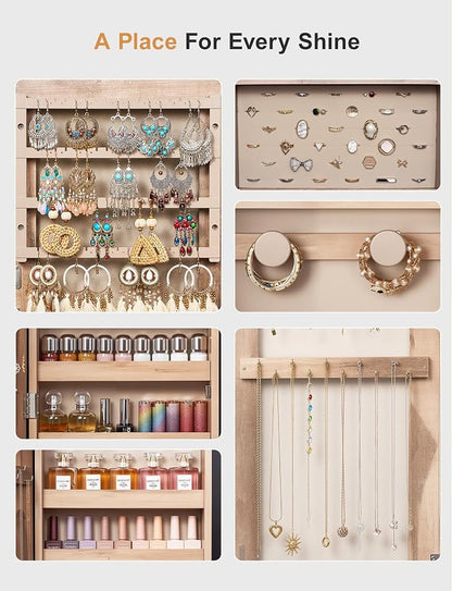 Nicetree Jewelry Cabinet Armoire, 2 Drawers, Full Length Mirror, Oak | Standing Mirror Jewelry Cabinet, Lockable Jewelry Armoire with Mirror, Adjustable Angles, Easy Assembly, Gift Idea, HD Glass