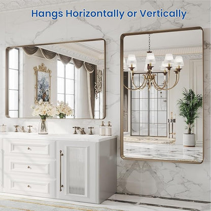WEER 48X32 Inch Bronze Bathroom Vanity Mirror for Wall | Brushed Bronze Metal Frame Mirror, Rounded Rectangle, Tempered Glass, Anti-Rust, Hangs Horizontally or Vertically