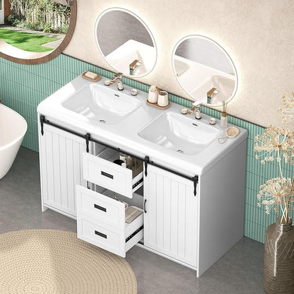 48 Inch Bathroom Vanity with Sink, Bathroom Vanity Cabinet with Doulble Sink, Bath Vanities with 2 Sliding Doors, White