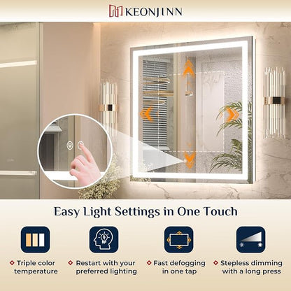 Keonjinn 32x36 Inch LED Bathroom Mirror with Lights, Frontlit & Backlit | HD Tempered Grass, 3-Color Temperature & Stepless Dimmable Lighting, Fast & Safe Defogging, Effortless Installation